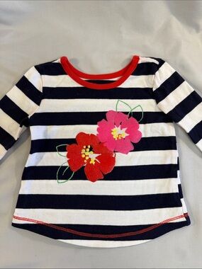 Place Navy & White Stripe Long-Sleeve Top with Red and Pink Floral Appliqués